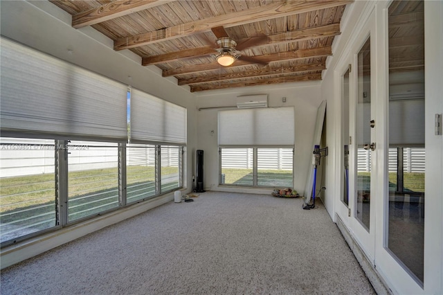 unfurnished sunroom featuring beamed ceiling, ceiling fan, wooden ceiling, and a wall unit AC