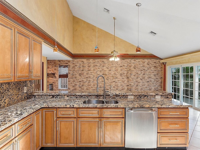 kitchen with high vaulted ceiling, light tile flooring, sink, dark stone counters, and dishwasher