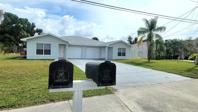 ranch-style house with a front lawn and a garage