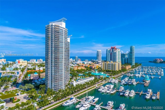 aerial view featuring a water view