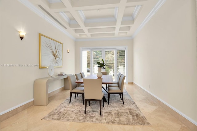 dining space featuring crown molding, coffered ceiling, light tile patterned flooring, and beam ceiling