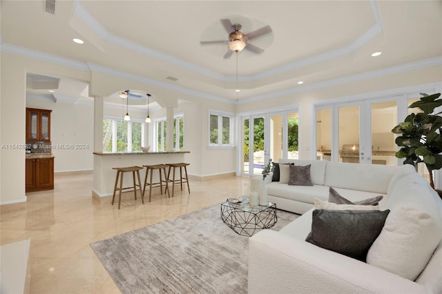 living room featuring a wealth of natural light, a raised ceiling, and french doors