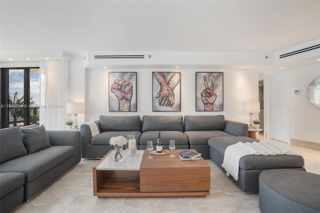 living room with light tile flooring