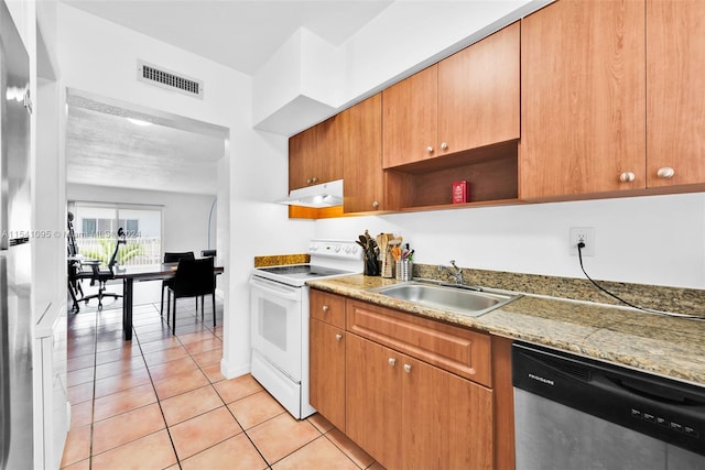 kitchen featuring light tile flooring, electric range, stone counters, dishwasher, and sink