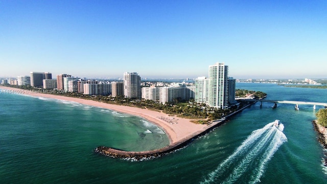 drone / aerial view featuring a water view and a beach view