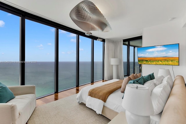 bedroom featuring floor to ceiling windows and wood finished floors