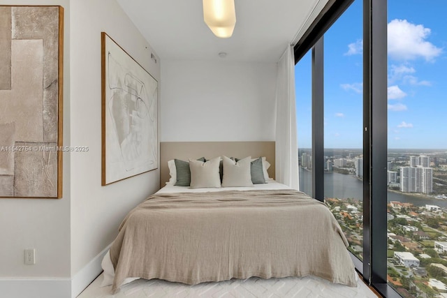 bedroom featuring baseboards and floor to ceiling windows