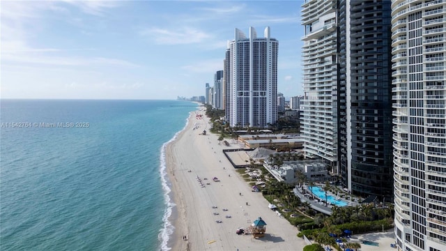 view of water feature featuring a view of city and a beach view