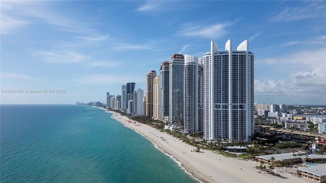 property view of water featuring a city view and a view of the beach