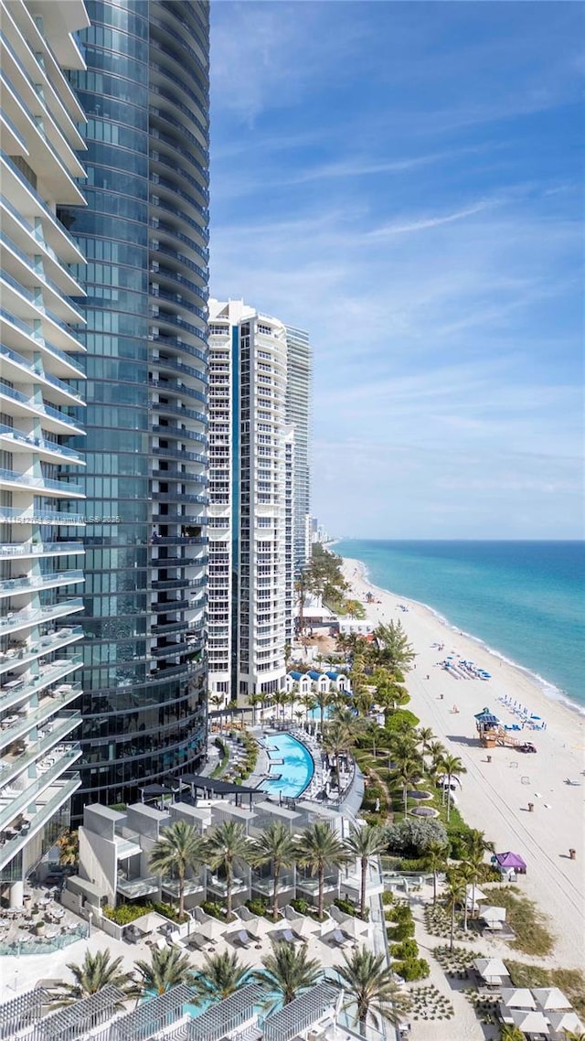 property view of water featuring a city view and a view of the beach