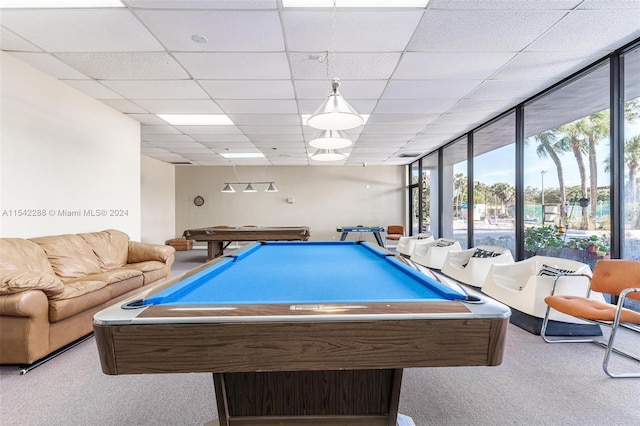 game room with a paneled ceiling, light carpet, a wall of windows, and pool table