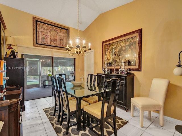 tiled dining space with a chandelier and vaulted ceiling