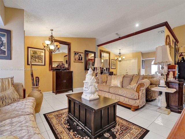 tiled living room with a notable chandelier, a textured ceiling, and vaulted ceiling