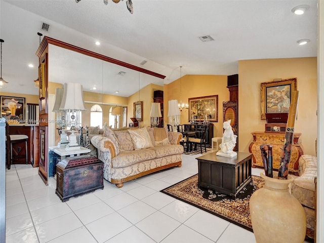 living room featuring light tile floors and lofted ceiling