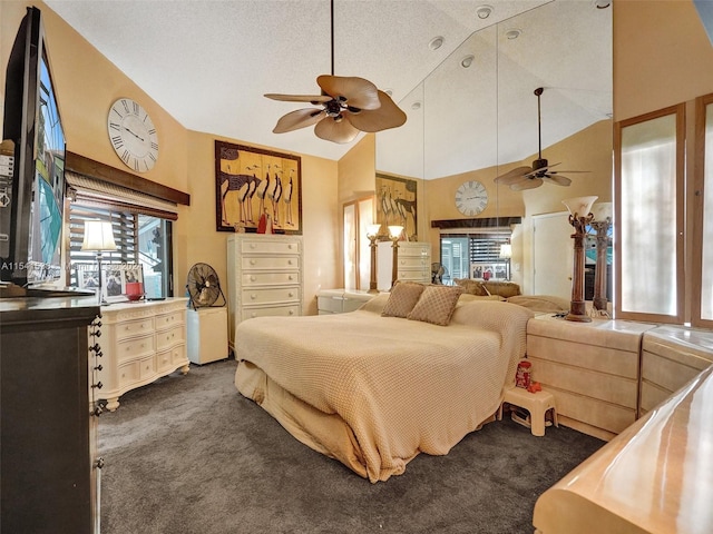 carpeted bedroom featuring high vaulted ceiling, a textured ceiling, and ceiling fan