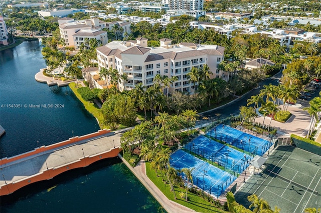 birds eye view of property featuring a water view