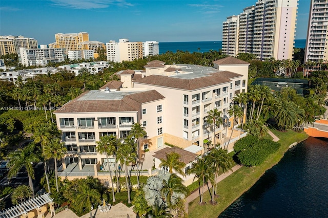 drone / aerial view with a water view