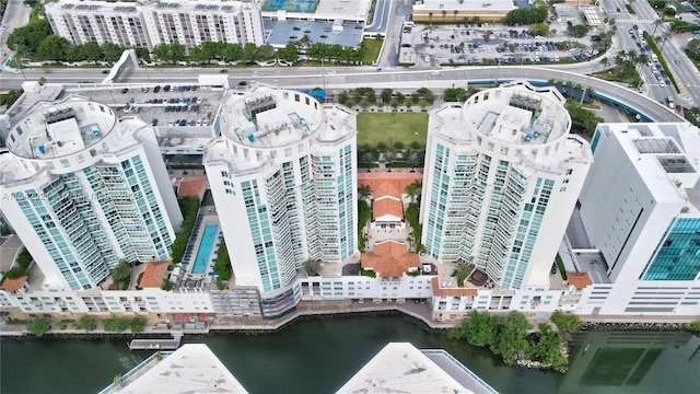 drone / aerial view with a water view