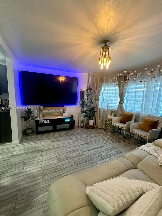 living room featuring a chandelier