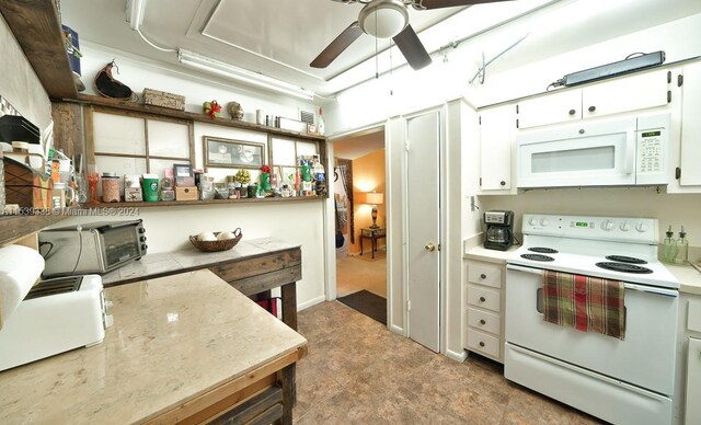 kitchen with white cabinetry, white appliances, ceiling fan, and tile flooring