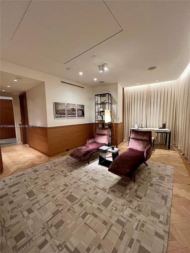 living area featuring light parquet floors