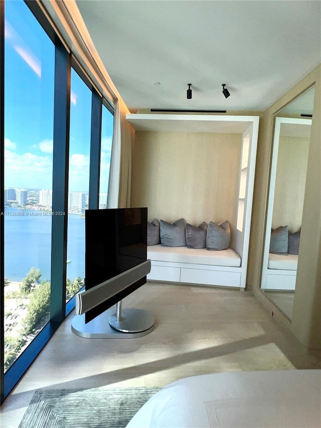 living room featuring plenty of natural light and a water view