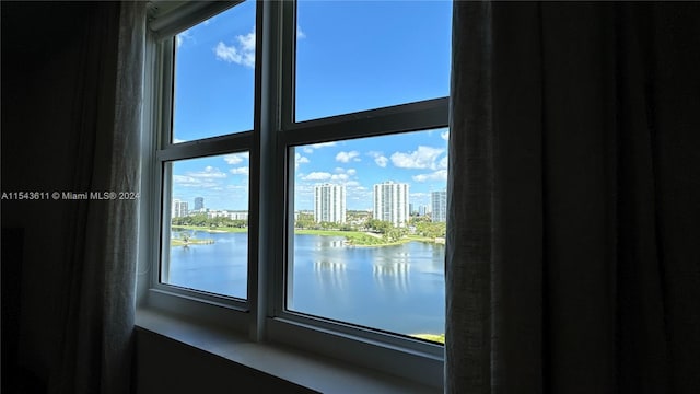 interior details with a water view