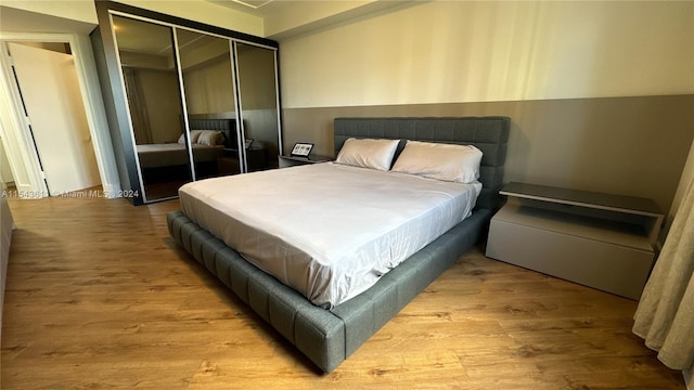 bedroom with a closet and light hardwood / wood-style flooring