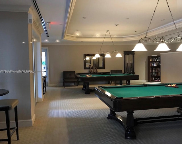 game room featuring carpet flooring, billiards, a tray ceiling, and ornamental molding