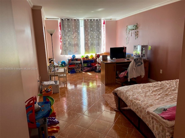 bedroom featuring tile flooring and crown molding