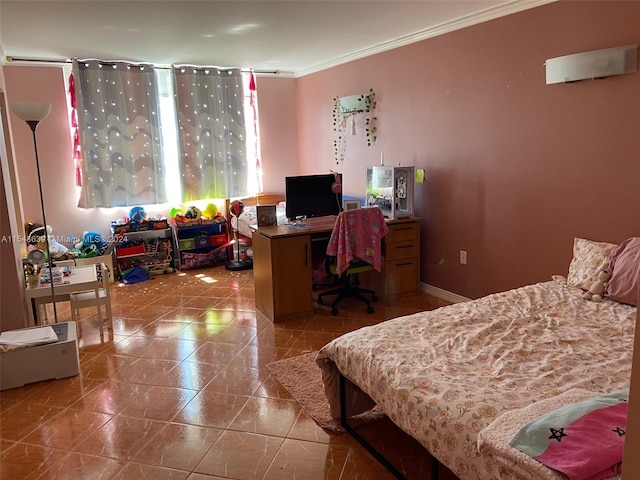 interior space with light tile flooring and ornamental molding