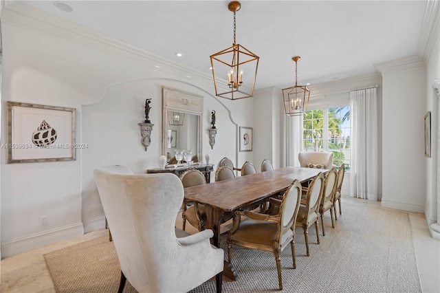 dining room featuring ornamental molding, light carpet, and an inviting chandelier