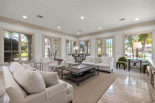 living room with crown molding