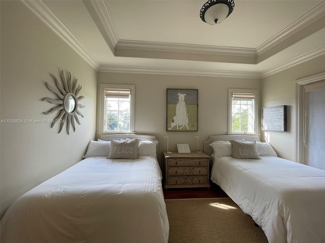 bedroom with dark carpet, multiple windows, a tray ceiling, and crown molding