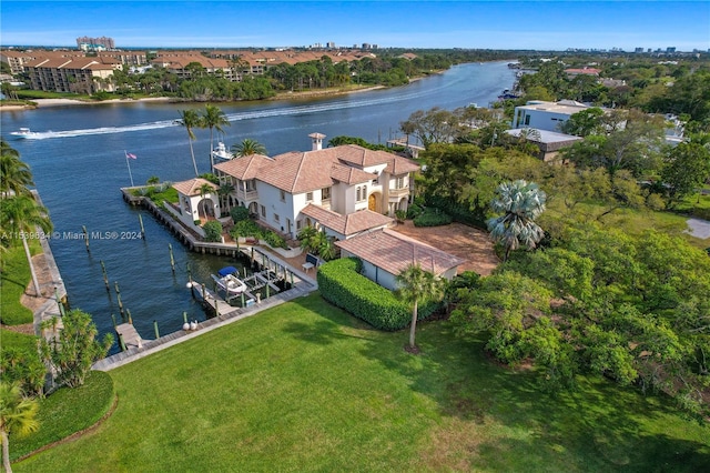 bird's eye view with a water view