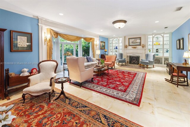 living room with crown molding and built in features