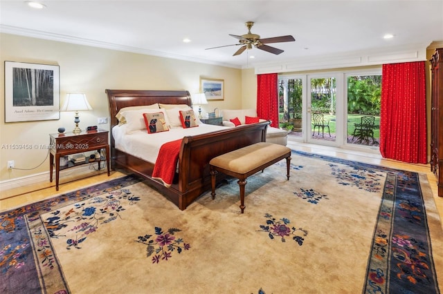 bedroom with crown molding, ceiling fan, and access to outside