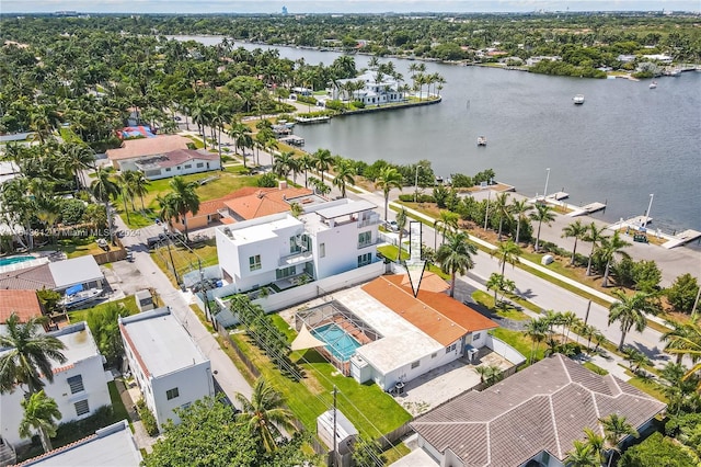 drone / aerial view featuring a water view