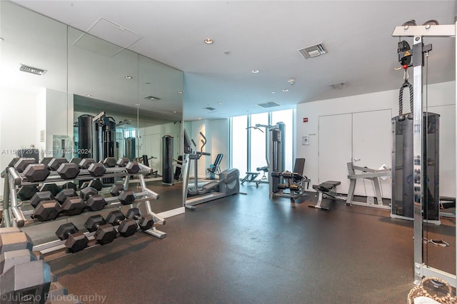 workout area featuring a wall of windows