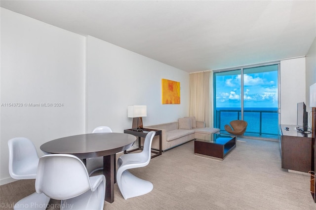 living room with a wall of windows, a water view, and light colored carpet