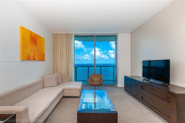 carpeted living room with a water view and a wall of windows