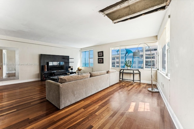 living room with dark wood-type flooring