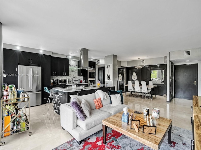 living room with light tile flooring