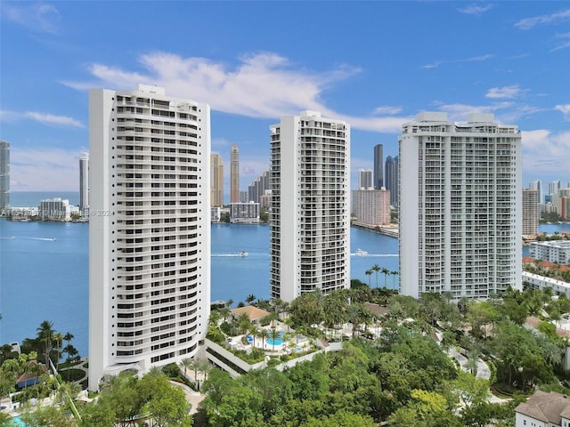 view of building exterior with a water view