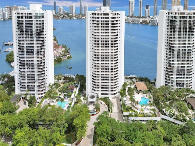 aerial view featuring a water view