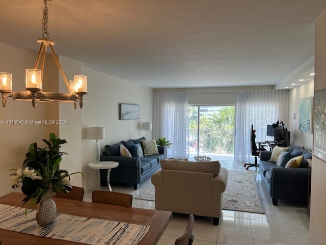 living room featuring an inviting chandelier and light tile floors