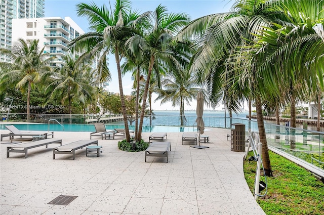 view of pool with a water view