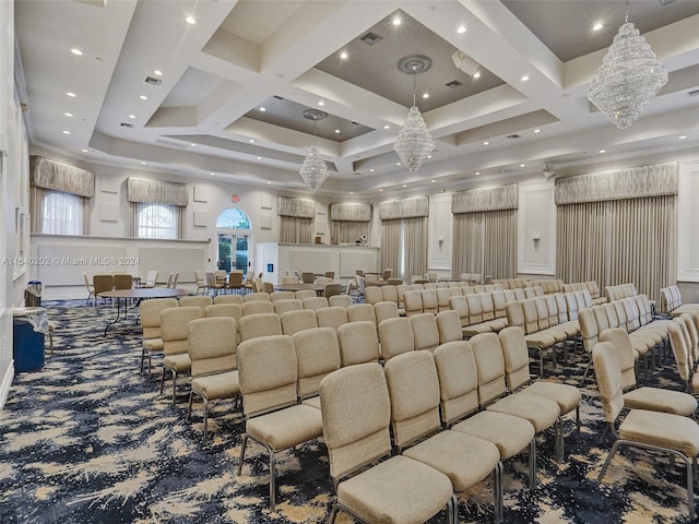 cinema room with carpet floors, beamed ceiling, coffered ceiling, and a notable chandelier