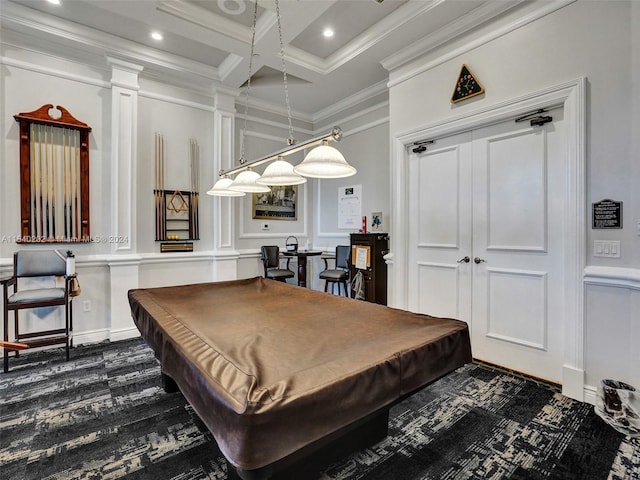 playroom with dark wood-type flooring, coffered ceiling, billiards, ornamental molding, and beamed ceiling