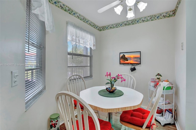 dining area with ceiling fan and hardwood / wood-style flooring